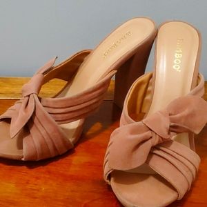 Tan Nude Suade Block Bow Heels